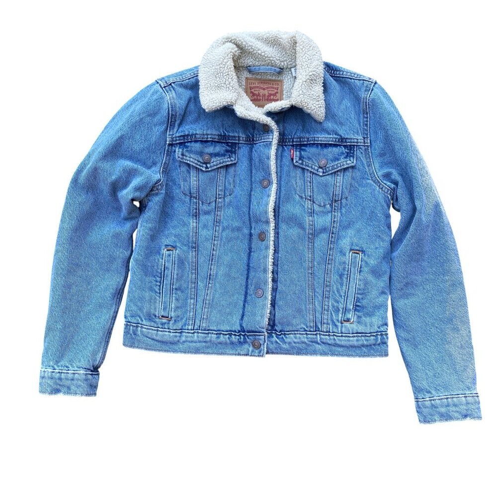 Levis Fleece Collar Trucker Jean Jacket Womens Med Wash Rugged Grunge Western-M